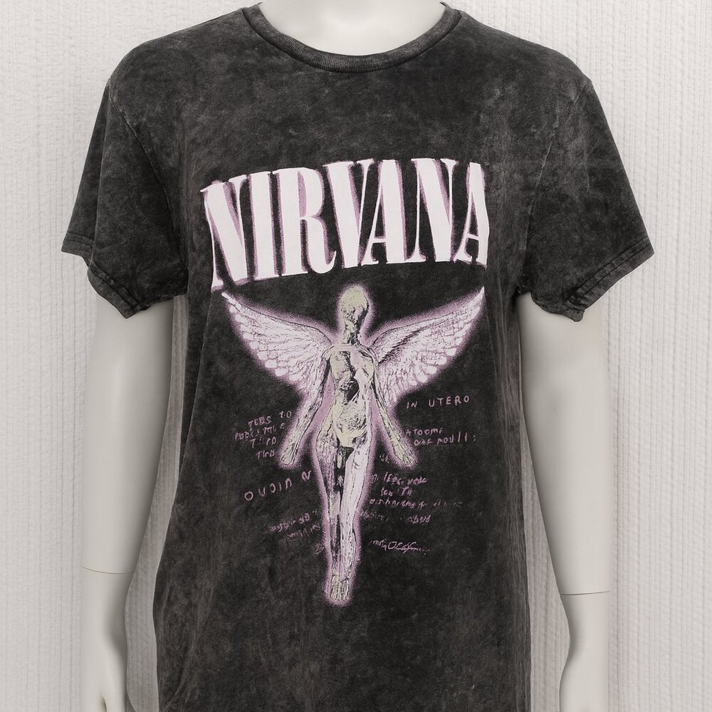 Nirvana In Utero Graphic Band Tee Black Acid Wash Size Medium Women's